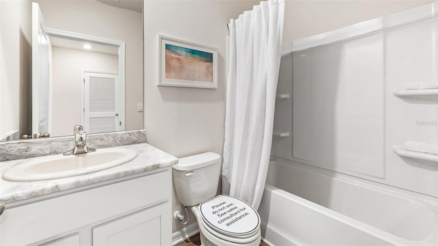 full bathroom featuring toilet, shower / bath combination with curtain, and vanity