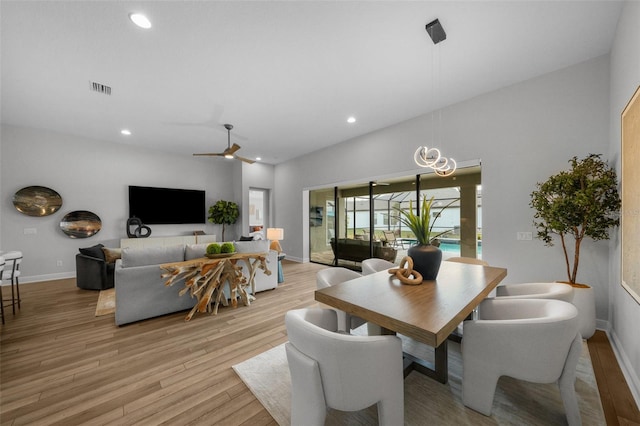 dining room with visible vents, baseboards, light wood finished floors, recessed lighting, and ceiling fan