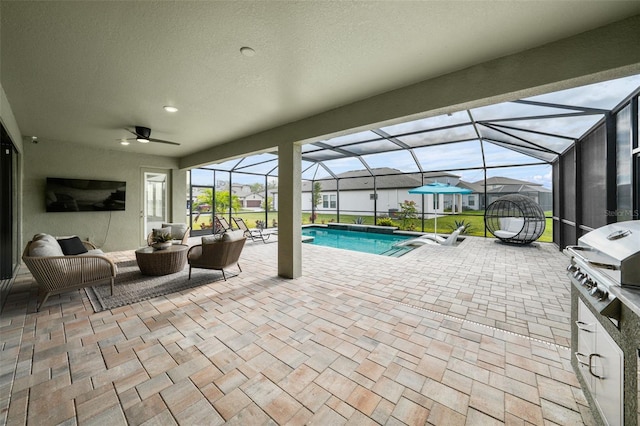 view of patio with glass enclosure, outdoor lounge area, area for grilling, an outdoor pool, and a ceiling fan