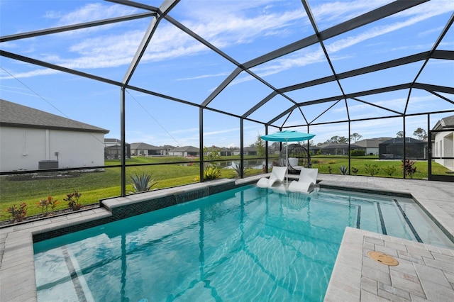 outdoor pool with a lanai, a residential view, a lawn, and a patio