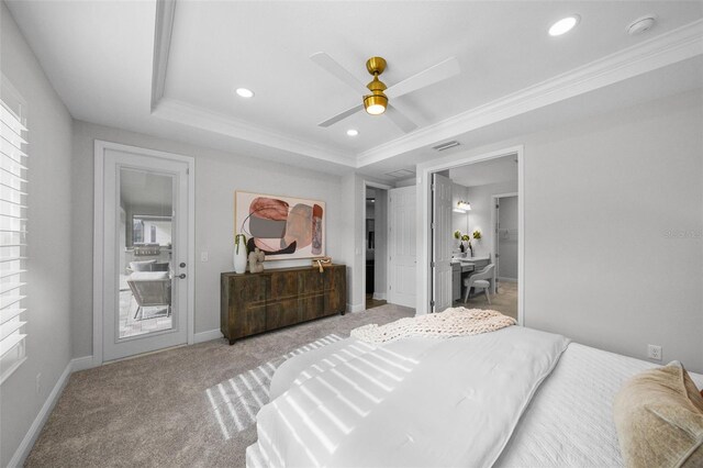 bedroom with recessed lighting, baseboards, carpet, and a tray ceiling