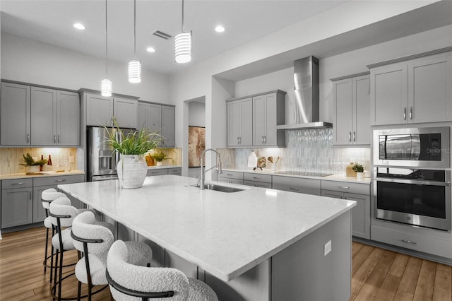 kitchen with visible vents, gray cabinets, a sink, stainless steel appliances, and wall chimney range hood