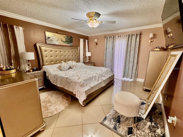 bedroom with a textured ceiling, crown molding, ceiling fan, and light tile patterned floors