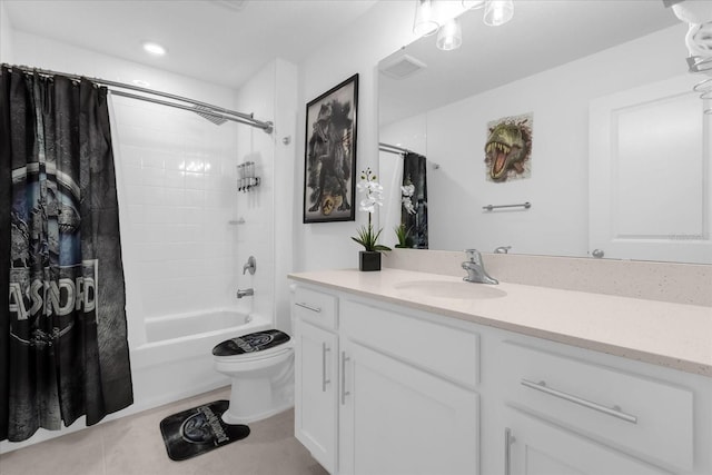 full bathroom with shower / tub combo, vanity, toilet, and tile patterned flooring