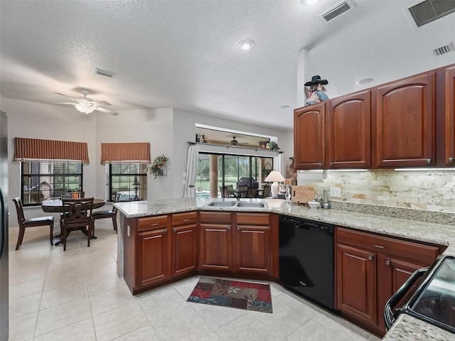 kitchen with dishwasher, light stone countertops, kitchen peninsula, ceiling fan, and light tile patterned flooring