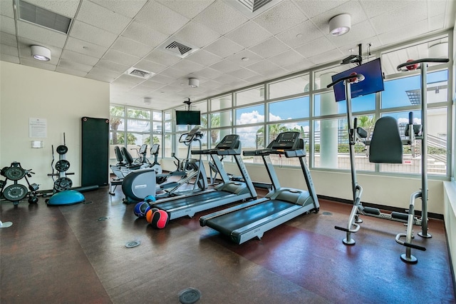 exercise room with a wall of windows and a paneled ceiling