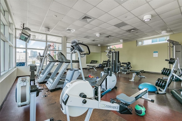 exercise room featuring a healthy amount of sunlight and a drop ceiling