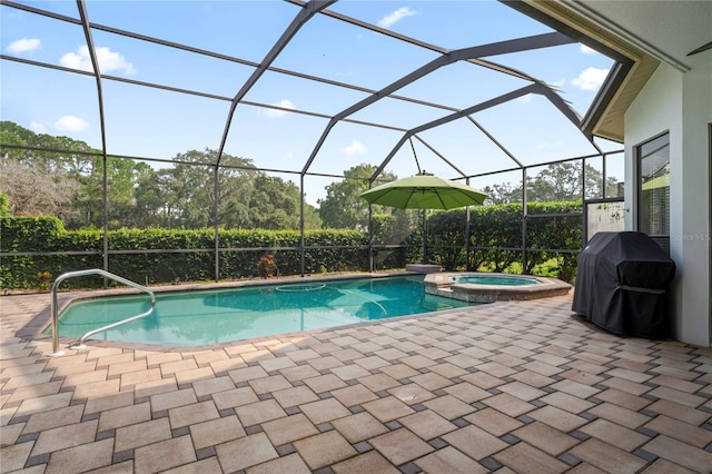 view of pool featuring glass enclosure, an in ground hot tub, a patio, and a grill