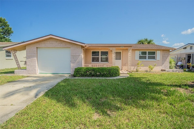 single story home with a garage and a front yard