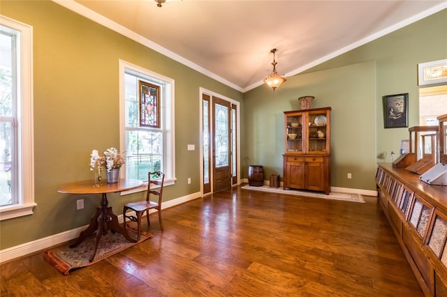 entrance foyer with a wealth of natural light, crown molding, and dark wood-type flooring