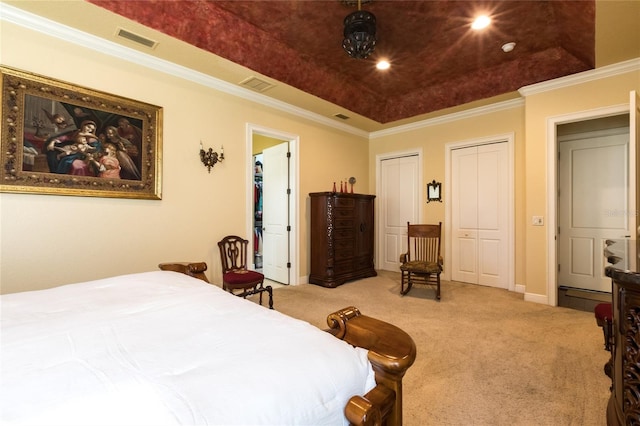 carpeted bedroom with crown molding and a tray ceiling