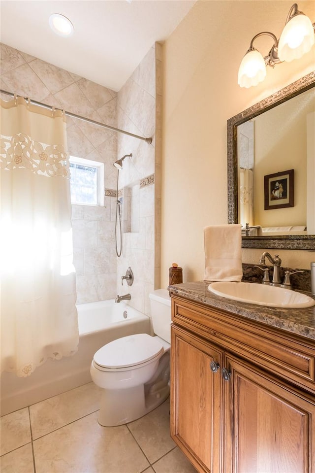 full bathroom with tile patterned flooring, vanity, shower / bathtub combination with curtain, and toilet