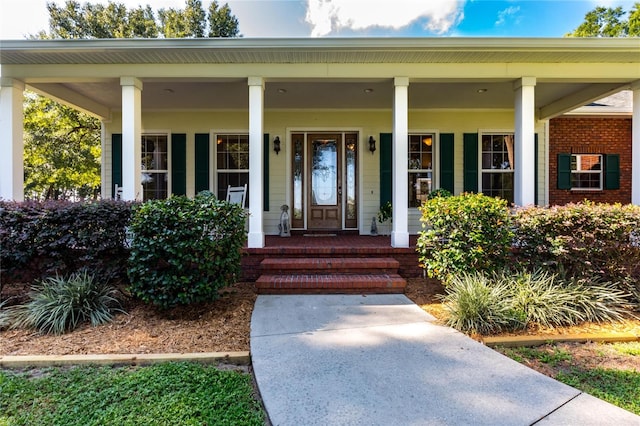 view of exterior entry featuring covered porch