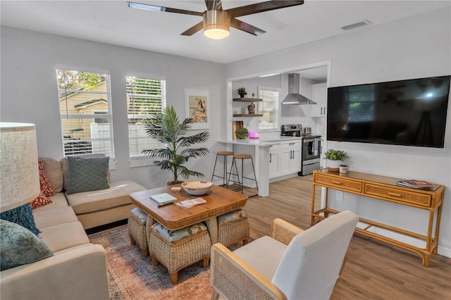 living room with ceiling fan and wood-type flooring