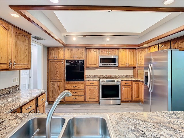 kitchen with sink, light hardwood / wood-style flooring, light stone counters, a raised ceiling, and stainless steel appliances