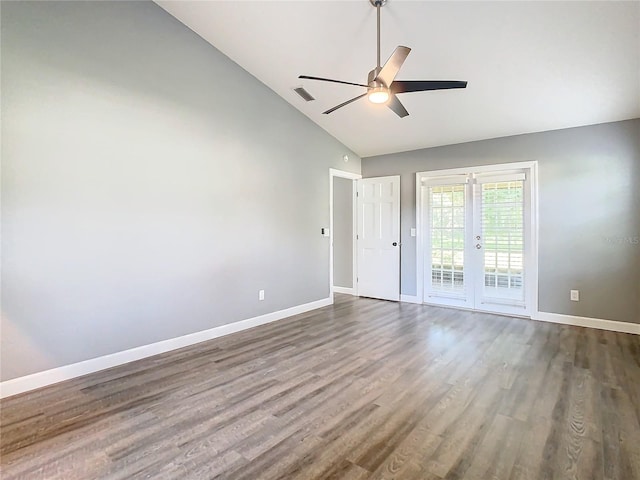 spare room featuring ceiling fan, high vaulted ceiling, french doors, and hardwood / wood-style floors