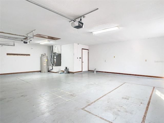 garage with a garage door opener, electric water heater, and heating unit