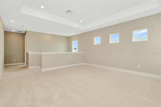 carpeted empty room with a raised ceiling