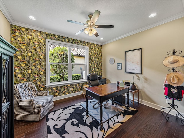 home office featuring ornamental molding, dark wood-type flooring, a textured ceiling, and ceiling fan