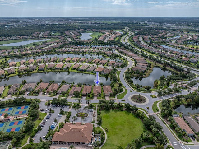 drone / aerial view featuring a water view