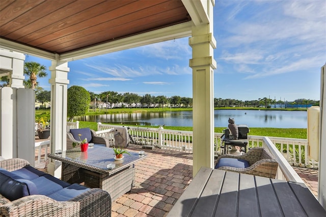 view of patio / terrace featuring a water view