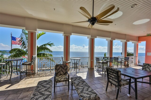 exterior space with ceiling fan and a water view