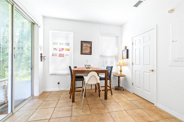 tiled dining area with a healthy amount of sunlight and electric panel