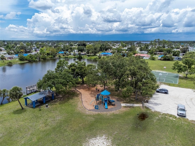 drone / aerial view featuring a water view