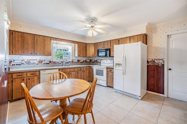 kitchen with backsplash, sink, light tile patterned floors, white appliances, and ceiling fan