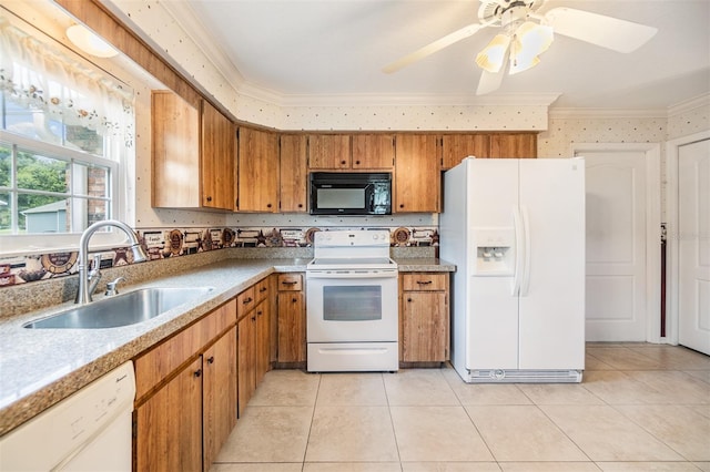 kitchen with ceiling fan, light tile patterned floors, sink, crown molding, and white appliances