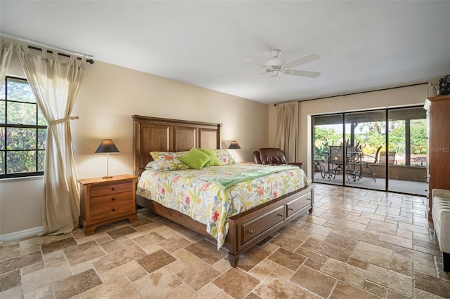 bedroom featuring ceiling fan and access to exterior