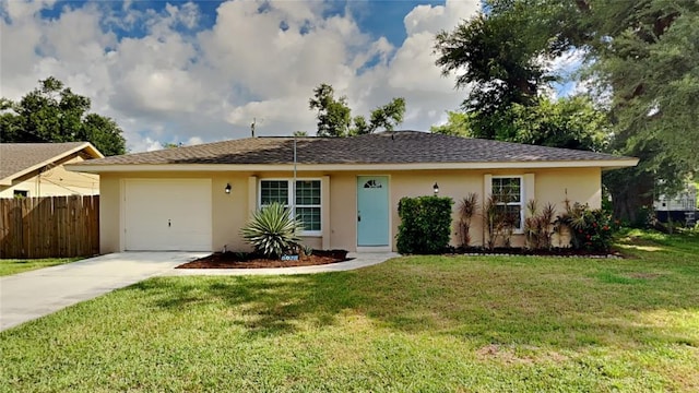 ranch-style house with stucco siding, fence, and a front yard