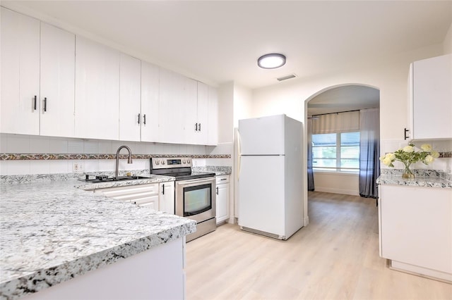 kitchen with light hardwood / wood-style flooring, stainless steel range with electric cooktop, white cabinetry, white fridge, and sink