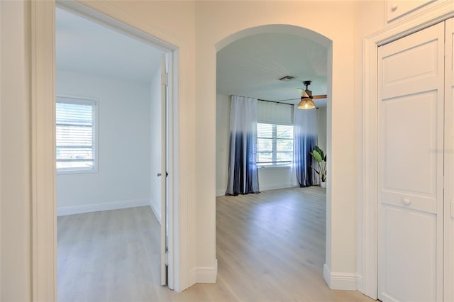 hallway with light hardwood / wood-style flooring and a healthy amount of sunlight