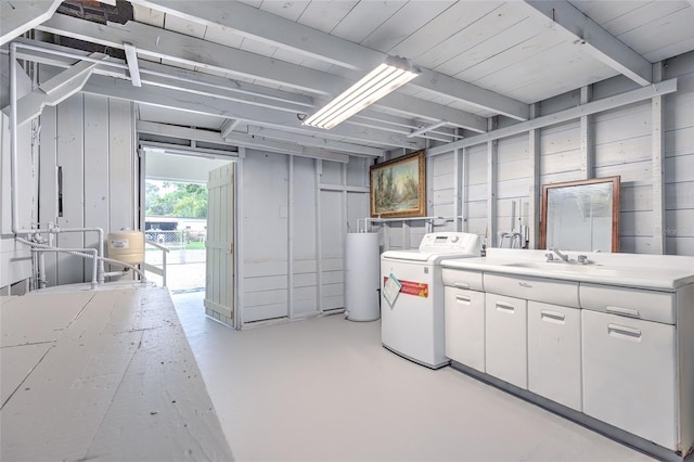 basement with sink and water heater