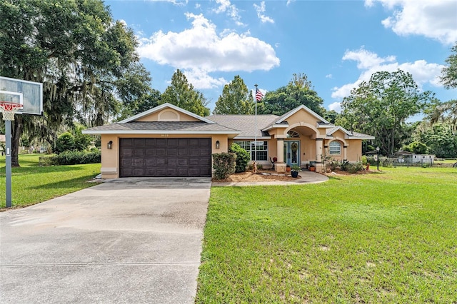 ranch-style house with a front lawn and a garage