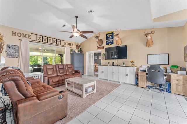 tiled living room with lofted ceiling and ceiling fan