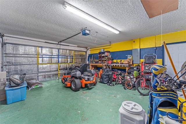 garage with electric panel and a garage door opener