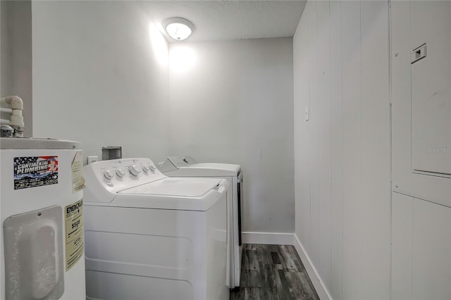 laundry room with washing machine and clothes dryer, electric water heater, and hardwood / wood-style floors