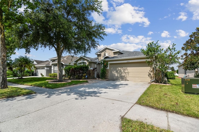 6843 Runner Oak Dr, Wesley Chapel, FL 33545 - view of front of property featuring driveway, a front lawn, a residential view, and stucco siding