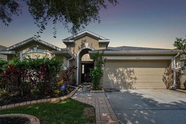 6843 Runner Oak Dr, Wesley Chapel, FL 33545 - view of front facade featuring a garage, driveway, and stucco siding