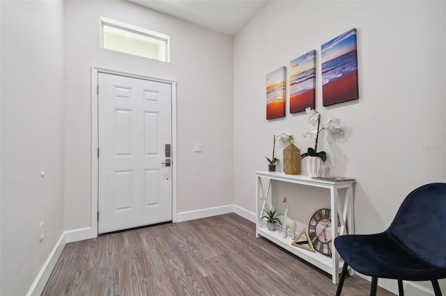 foyer entrance featuring baseboards and wood finished floors