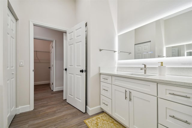 bathroom featuring a spacious closet, vanity, baseboards, and wood finished floors