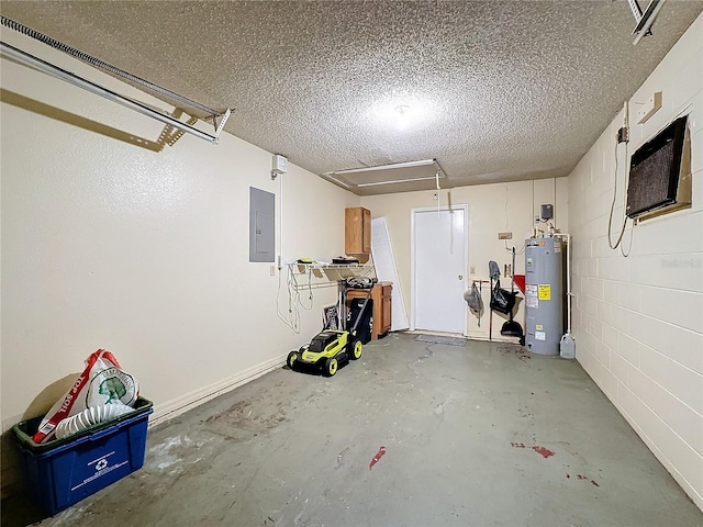 garage featuring electric panel, water heater, and concrete block wall