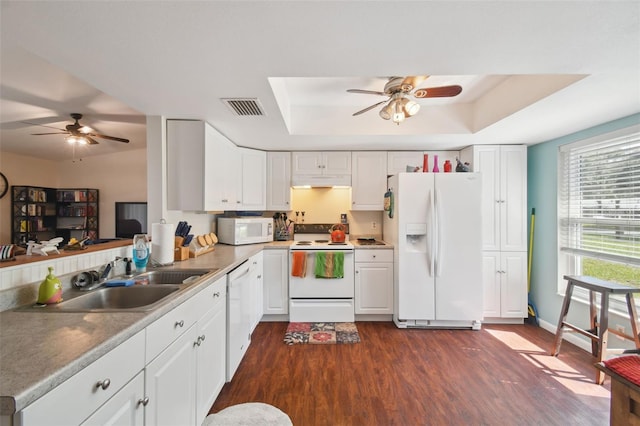 kitchen with dark hardwood / wood-style flooring, white appliances, a raised ceiling, and sink