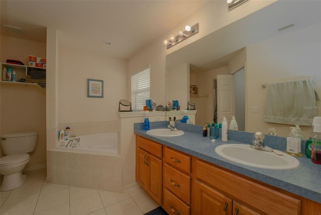 bathroom featuring tile patterned flooring, a relaxing tiled tub, toilet, and vanity