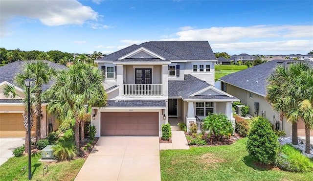 view of front of home featuring a balcony, a front lawn, and a garage