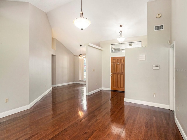 entrance foyer featuring ceiling fan, high vaulted ceiling, and dark wood-type flooring