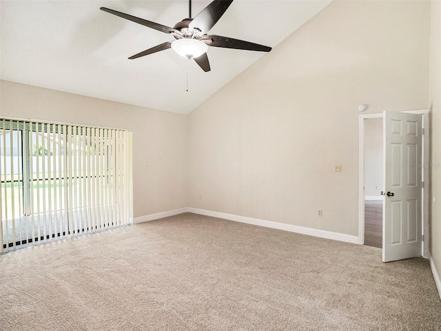 unfurnished room featuring high vaulted ceiling, ceiling fan, and light carpet