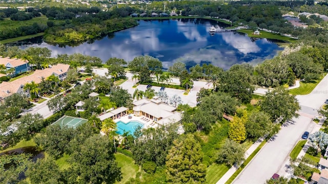 drone / aerial view with a water view